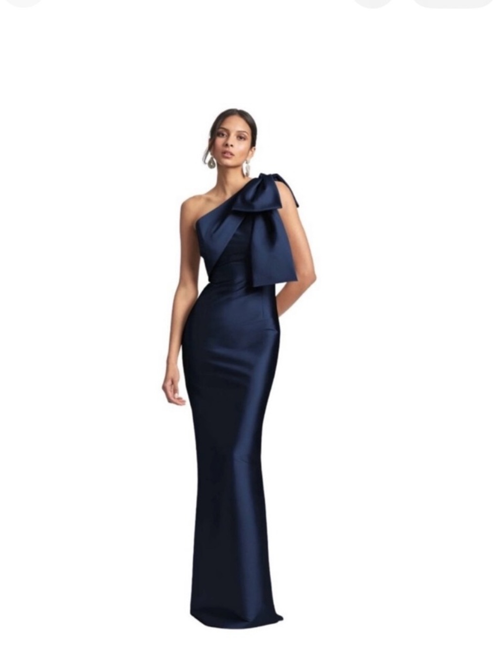SACHIN and BABI One-Shoulder Navy Satin Evening Gown with Bow Detail